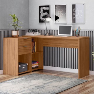 Mesa de Escritório em L 2 Gavetas 3 Nichos Office Nt 2060 Freijó