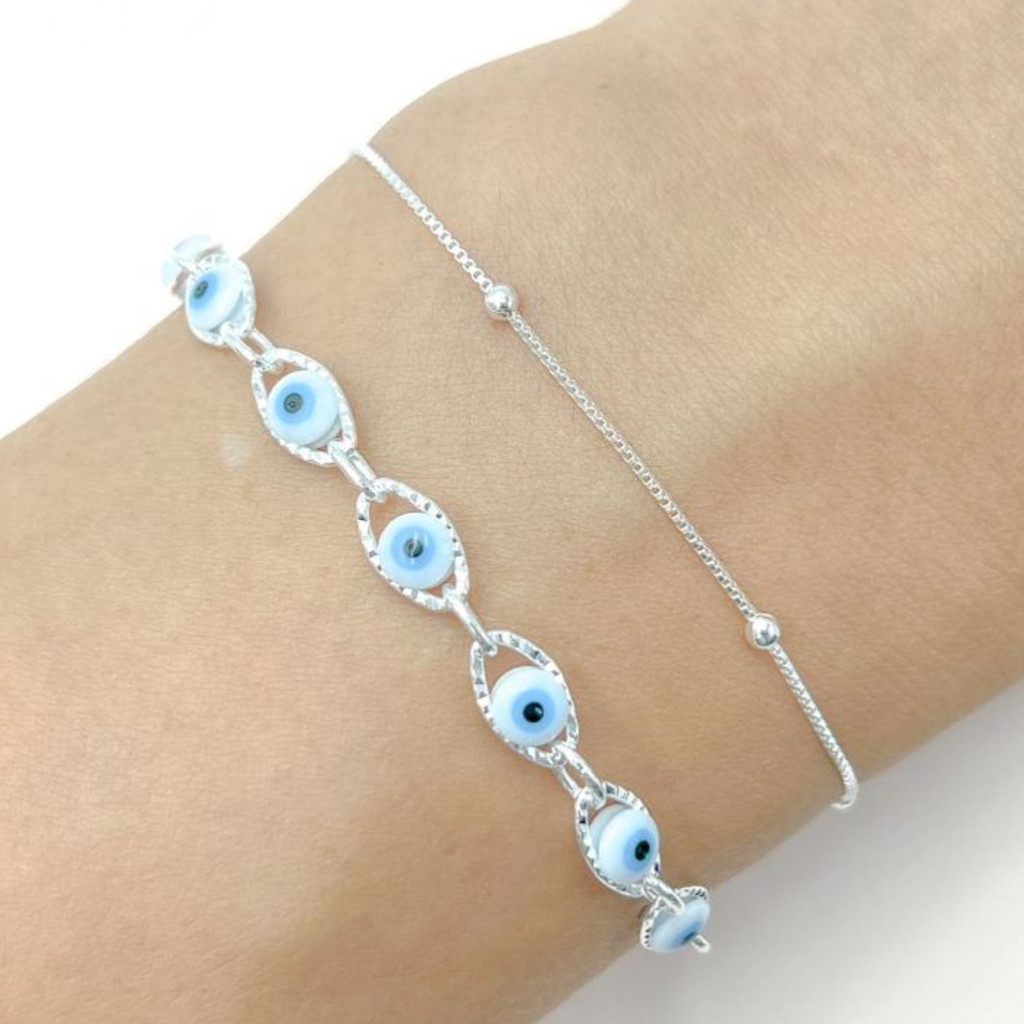 Kit 2 Pulseiras Prata 925 Folheada Coração Conjunto de Pulseira Feminina de Bolinha e olho grego em Oferta na Shopee