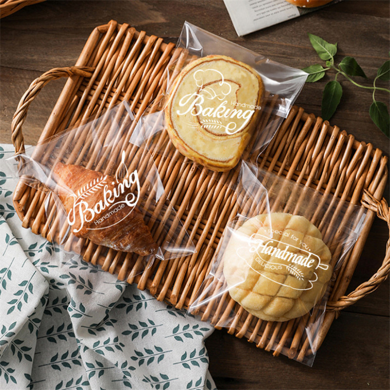 50 Sacos De Pão De Plástico Transparente Dos Pces Assar Bolo Torrado Impresso Auto-Adesivo Lanche Embalagem De Alimentos