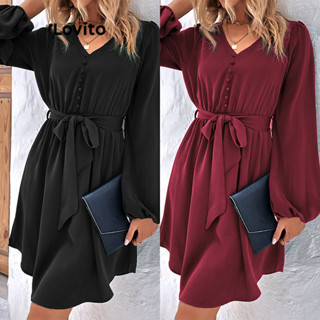 Lovito Vestido feminino elegante liso com cinto e botão frontal LNL51259