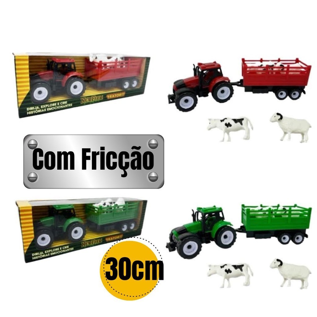 Trator Carrinho Fricção 30cm + Animais Fazendinha Brinquedo Faz de Conta Menino Menina Criança Pequena