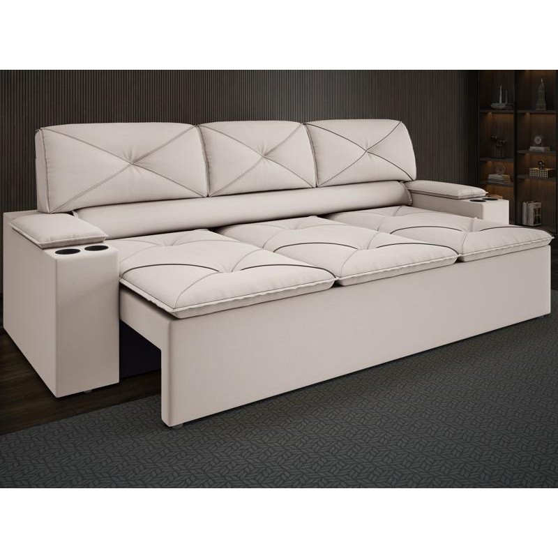 Sofá com Porta Copos Retrátil e Reclinável Pop 2,05m Velosuede Areia - NETSOFAS em Oferta na Shopee