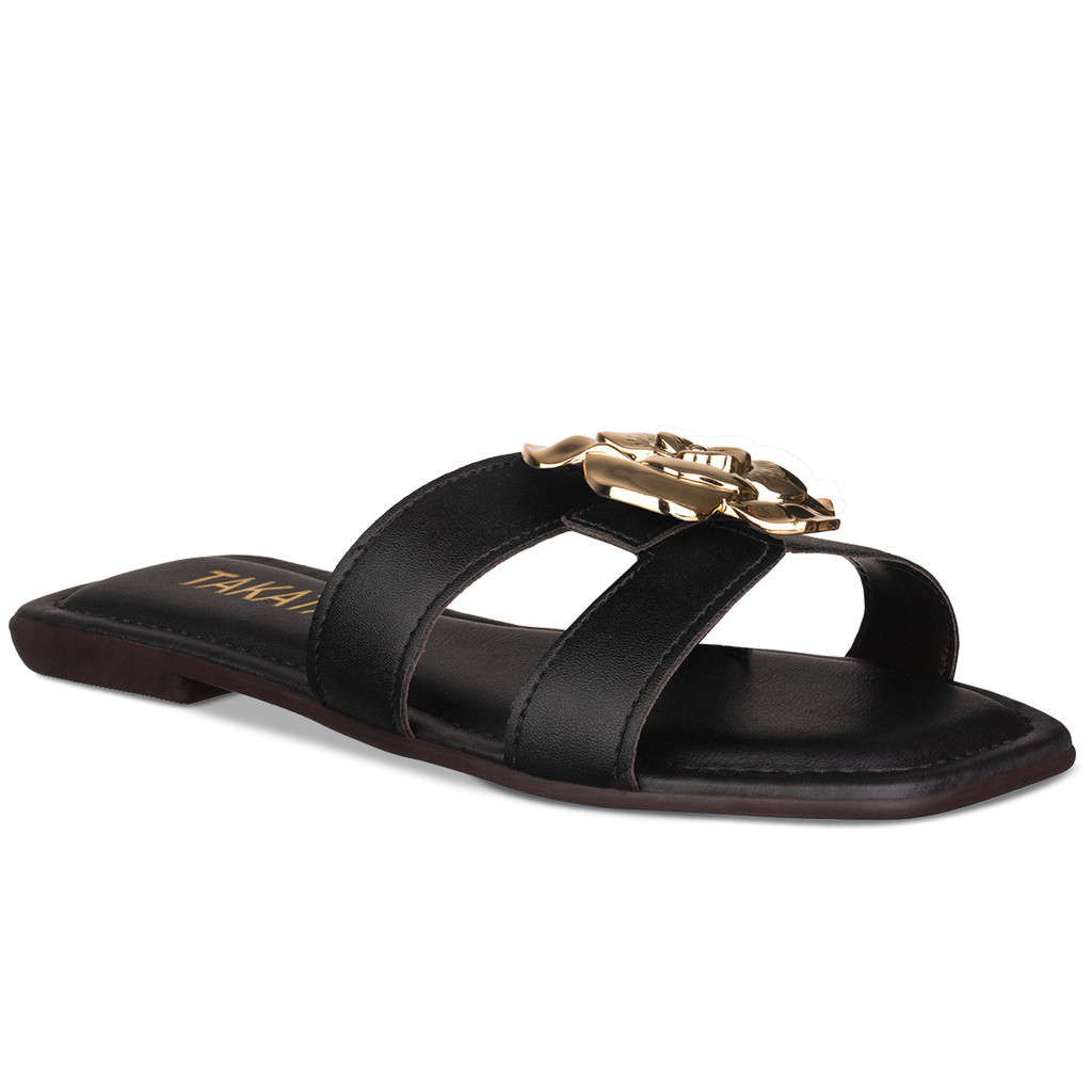 Rasteira Feminina Flor Dourada Casual Rasteirinha Delicada Tira H Confortável Macio Leve Preto