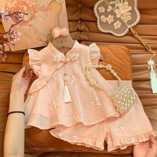 Líder Do Urso Summer Chinese Style Girls Suit Pink Flower Bordado Com Mosca De + Shorts Co...