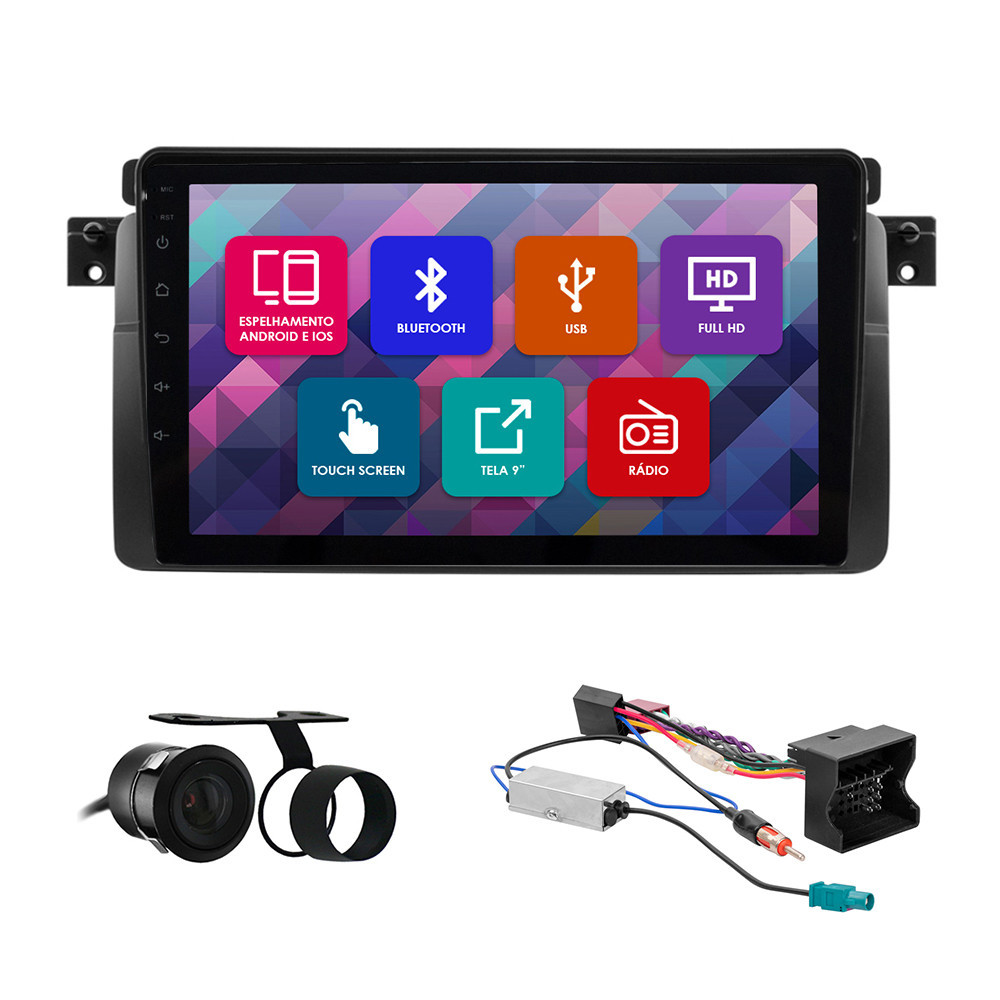 Kit Multimídia 9 Pol BMW Série 3 E46 1998 1999 2000 01 02 2003 2004 2005 Espelhamento Android Ios 2 Din Preto Camera Ré em Oferta na Shopee
