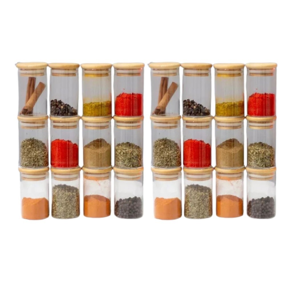 Kit 24 Pote Porta Temperos Mantimentos Design Sofisticado Versátil Tampa De Bambu Hermético  250ml