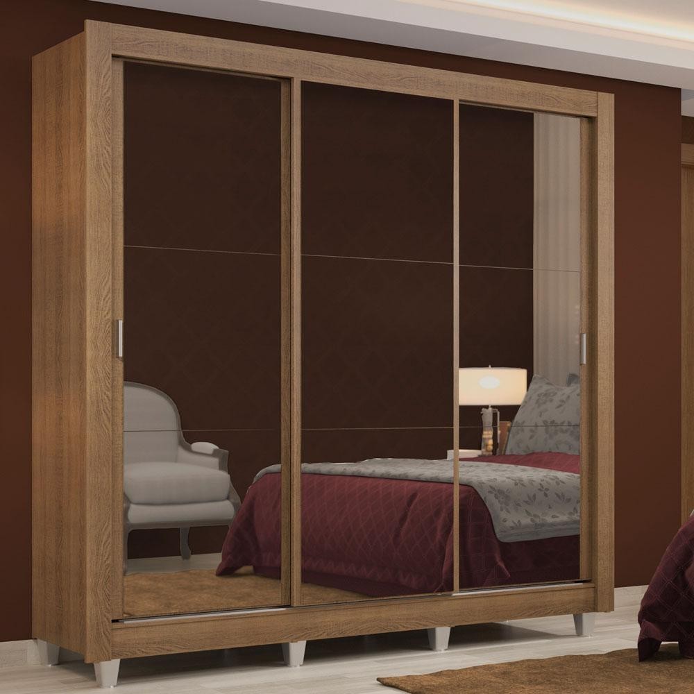 Guarda Roupa Casal Madesa Lyon 3 Portas de Correr de Espelho 2 Gavetas com Pés - Rustic em Oferta na Shopee