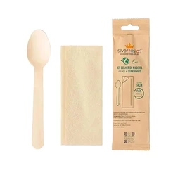 Kit Talher De Madeira Com Colher e Guardanapo - 14cm - 20 un - Silver Festas - Rizzo
