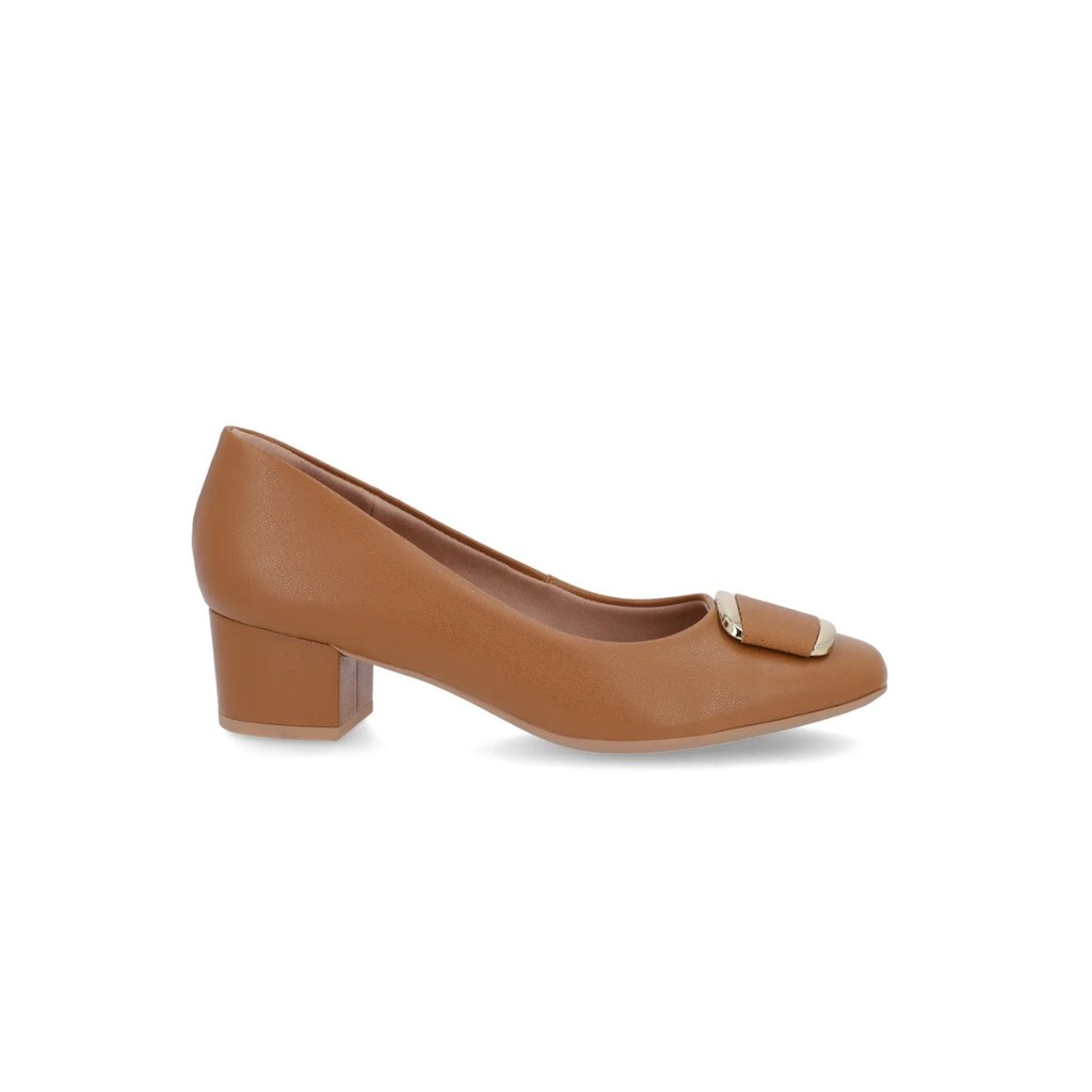 Sapato Scarpin Usaflex Salto Bloco Enfeite Couro Marrom Tan em Oferta na Shopee