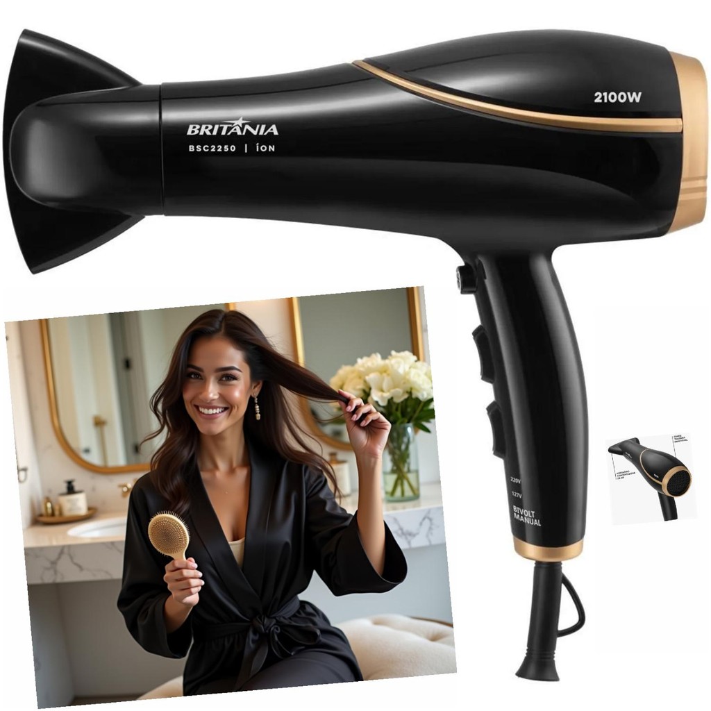 Secador Cabelos Britânia Bivolt 2100W BSC2250 Preto 3 Temperaturas 2 Velocidades Jato Frio