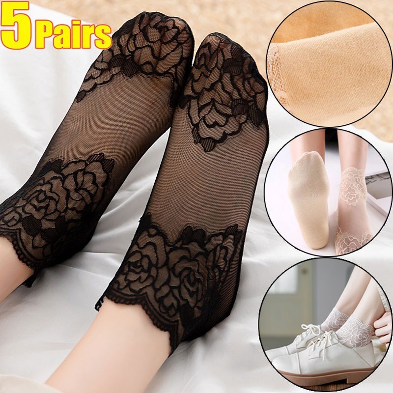 5 Pares De Algodão De Alta Qualidade Feminino Rendas Flor Meia Transparente Verão Floral Senhora Menina Meias Curtas Fin