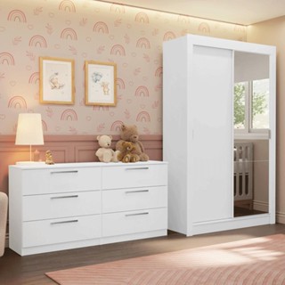Kit Guarda-Roupa Infantil Milano 2 Portas de Correr com Espelho + Cômoda Branco Madesa em Oferta na Shopee