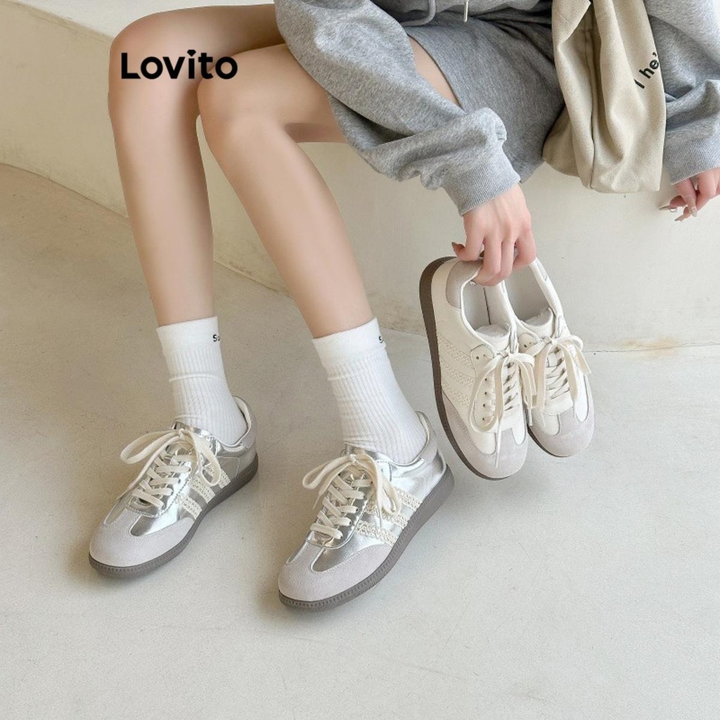 Lovito Tênis casual com costura em tecido de renda lisa para mulheres LFA43680 - Women Shoes