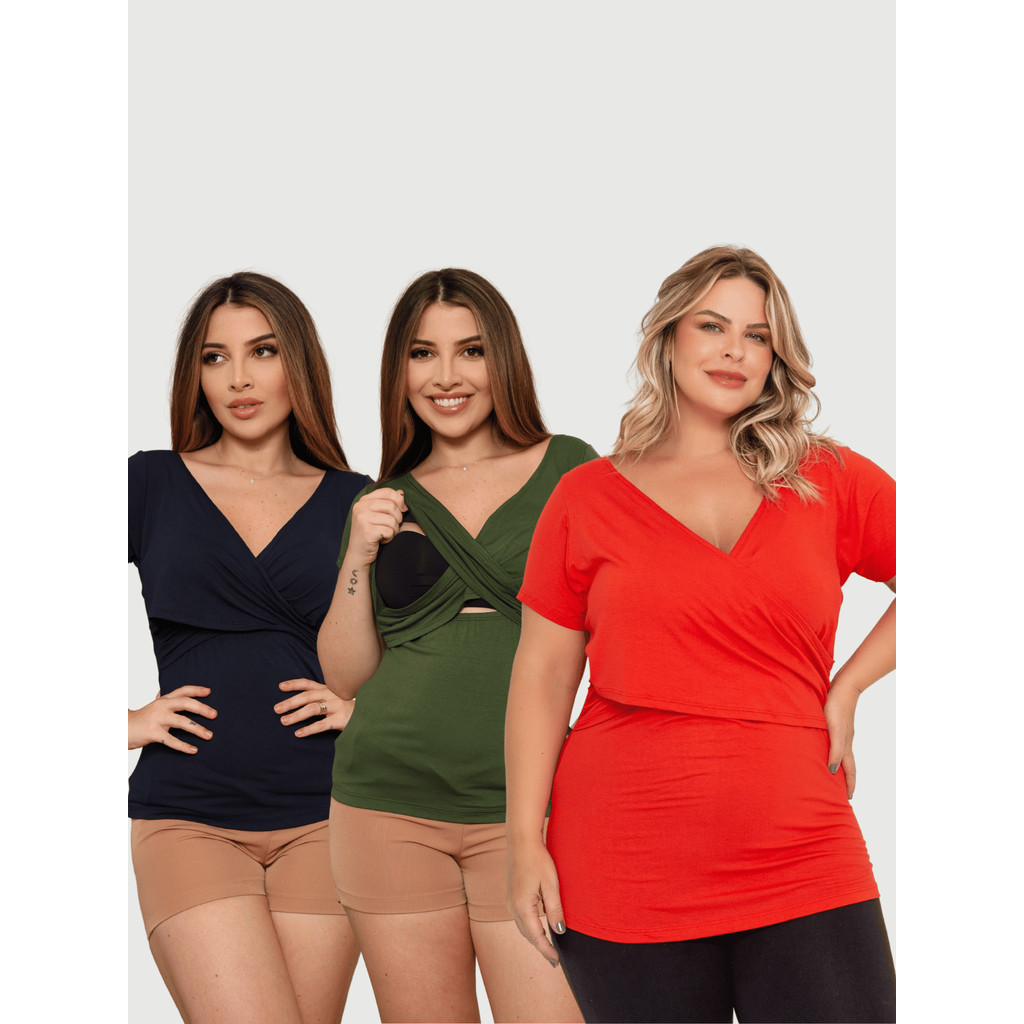 Kit 3 blusa amamentação transpassada camiseta gestante sofisticada t-shirt lactante blusinha mãe leite maternidade em Oferta na Shopee