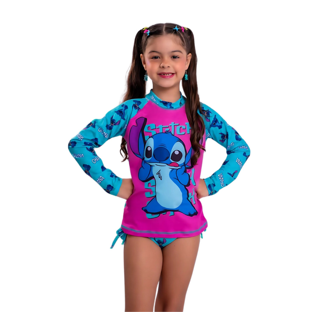 Conjunto Biquíni E Blusa Proteção Stitch Uv 50+ Infantil Juvenil 2 ao 14 anos