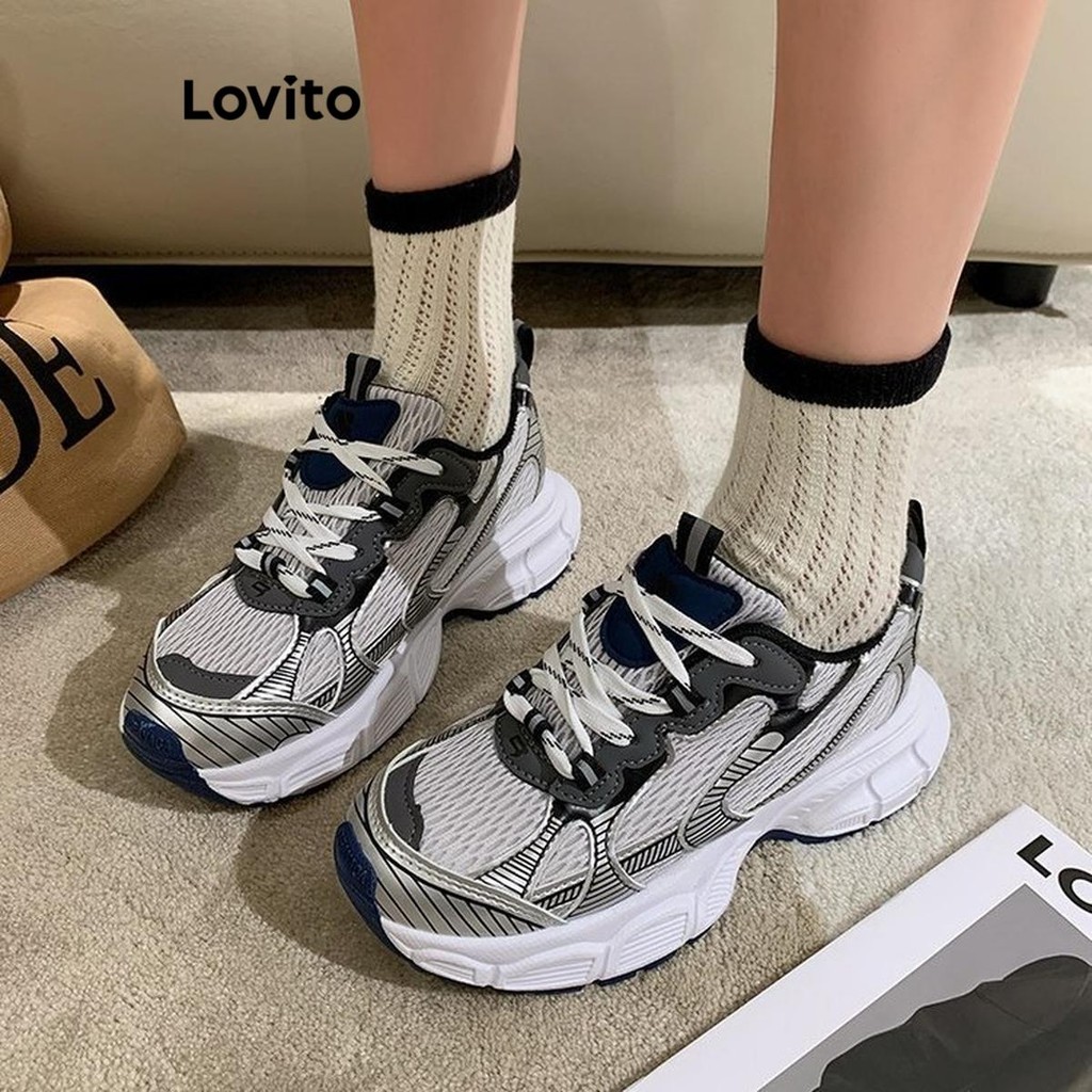Lovito Esporte simples Retro malha respirável moda pai sapatos na moda sola grossa tênis para mulher LFA70248 - Women Shoes