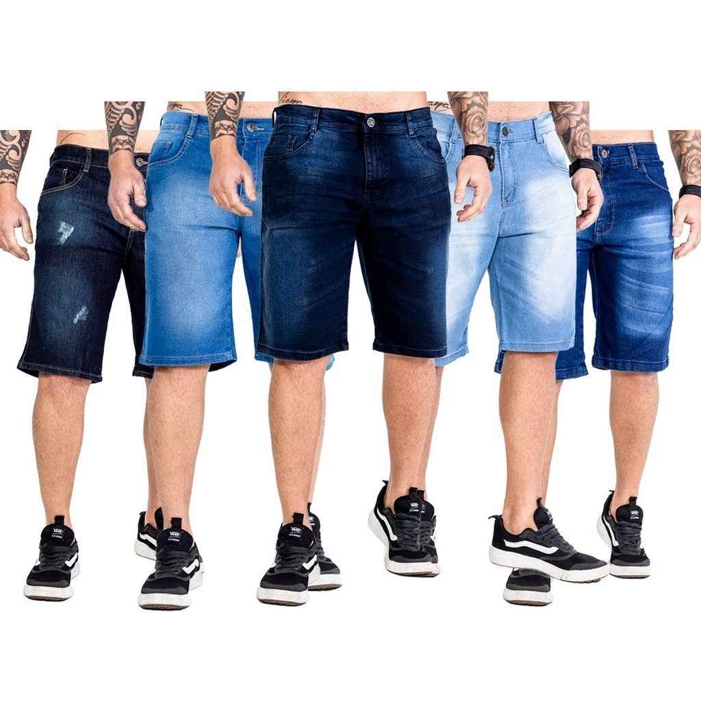 Kit 5 Bermudas Jeans Masculina Lisa Lycra Moda Verao Slim fit
