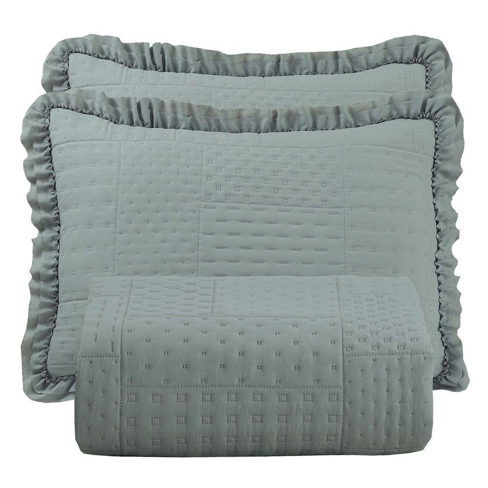 Kit Cobre Leito Colcha Casa Scarpa Maison Queen C/ Babado Percal 300 Fios 3 Peças - Cinza