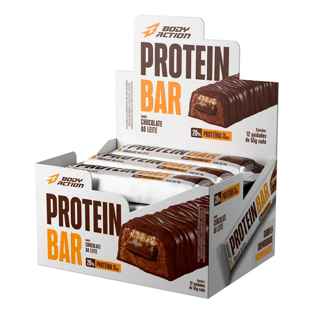 Protein Bar Caixa 12Un de 55g Chocolate Ao Leite Bodyaction em Oferta na Shopee