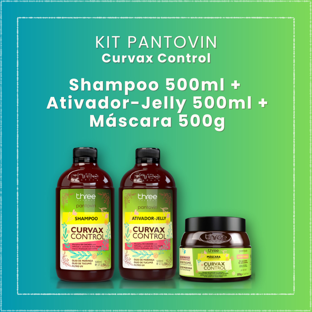 Kit Pantovin Curvax Control Shampoo 500ml + Máscara 500ml + Ativador de Cachos Jelly Control 500ml