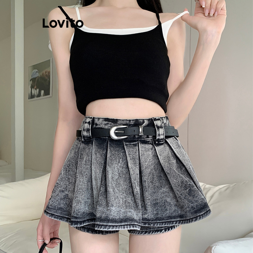Lovito Saias jeans plissadas casuais simples para mulheres LNA81445 - Women Clothes