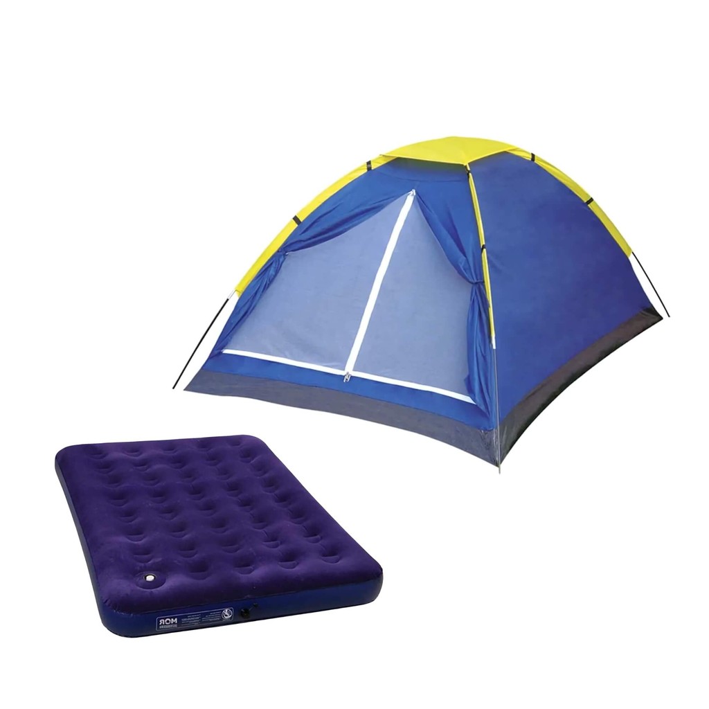 Kit Barraca Camping Iglu p/ 3 Pessoas + Colchão Inflável Casal c/ Inflador tipo Fole MOR