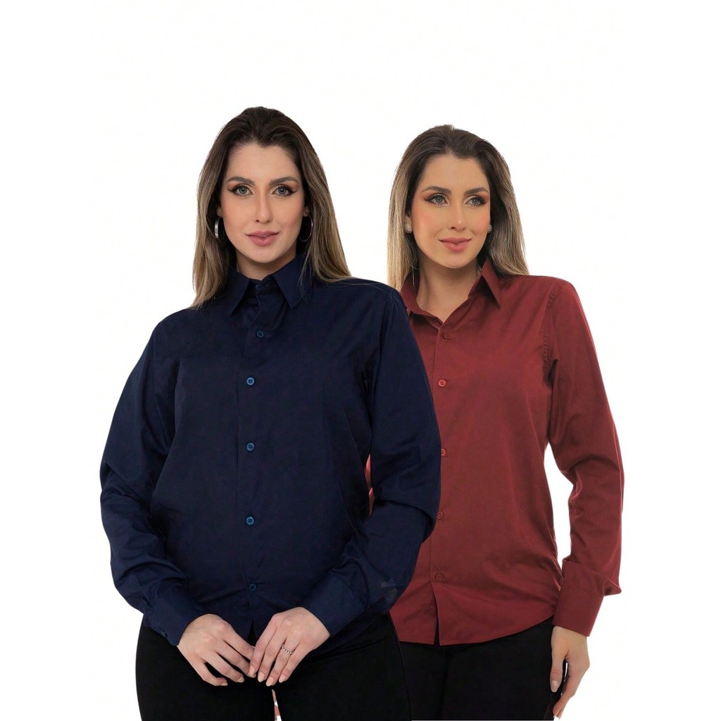 KIT Feminino 2 Peças - Camisa Social Manga Longa Slim Lisa Azul Marinho e Camisa Social Manga Longa Slim Lisa Bordô