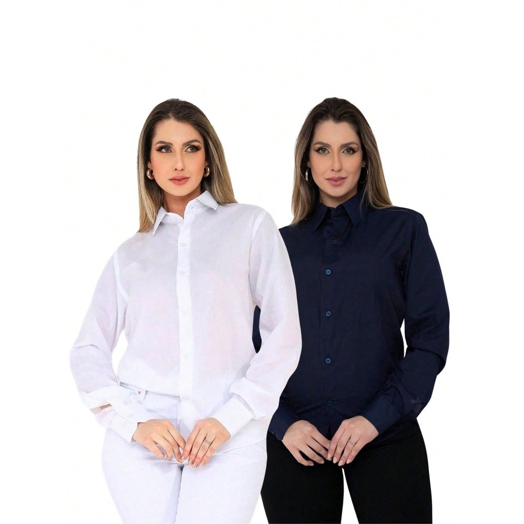 KIT Feminino 2 Peças - Camisa Social Manga Longa Slim Lisa Branco e Camisa Social Manga Longa Slim Lisa Azul Marinho