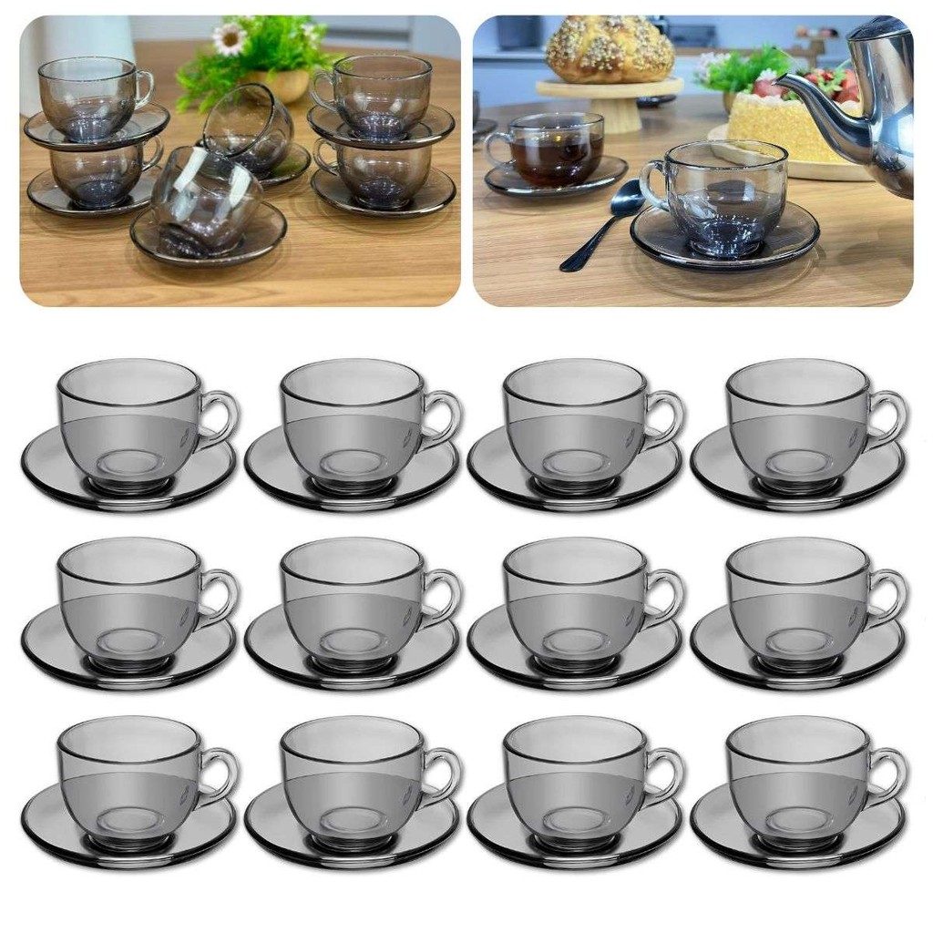Jogo 12 Xícaras De Chá Com Pires Vidro 150ml Cinza  Transparente Café Luxo Mesa Posta Nice Lyor