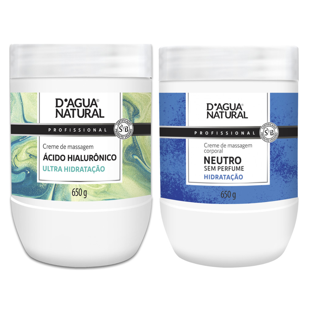 Kit Massagem Corporal Creme Ácido Hialurônico + Neutro 650g Cada Pote Dagua Natural