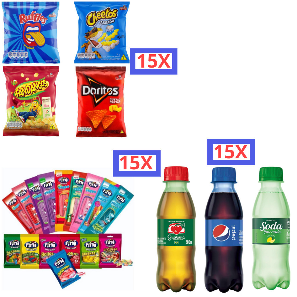 Kit 15 Salgadinho Elma Chips + 15 Refrigerantes 200ml + 15 Finis