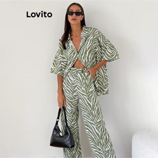 Lovito Conjuntos Casuais De Calças Com Botões Geométricos Frontais Para Mulheres LNL48202