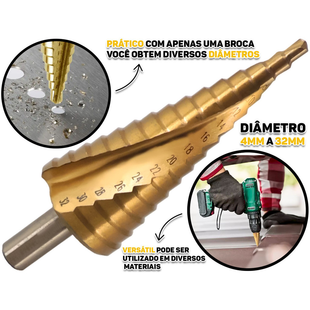 Broca Escalonada De Aço Rápido E Titânio Cone Profissional 4 A 32mm Para Madeira Metal Plástico - Home & Living