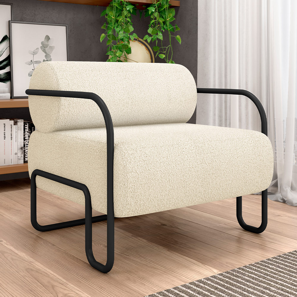 Poltrona Decorativa Pés Industrial Moscou K01 Bouclê Creme - Lyam Decor