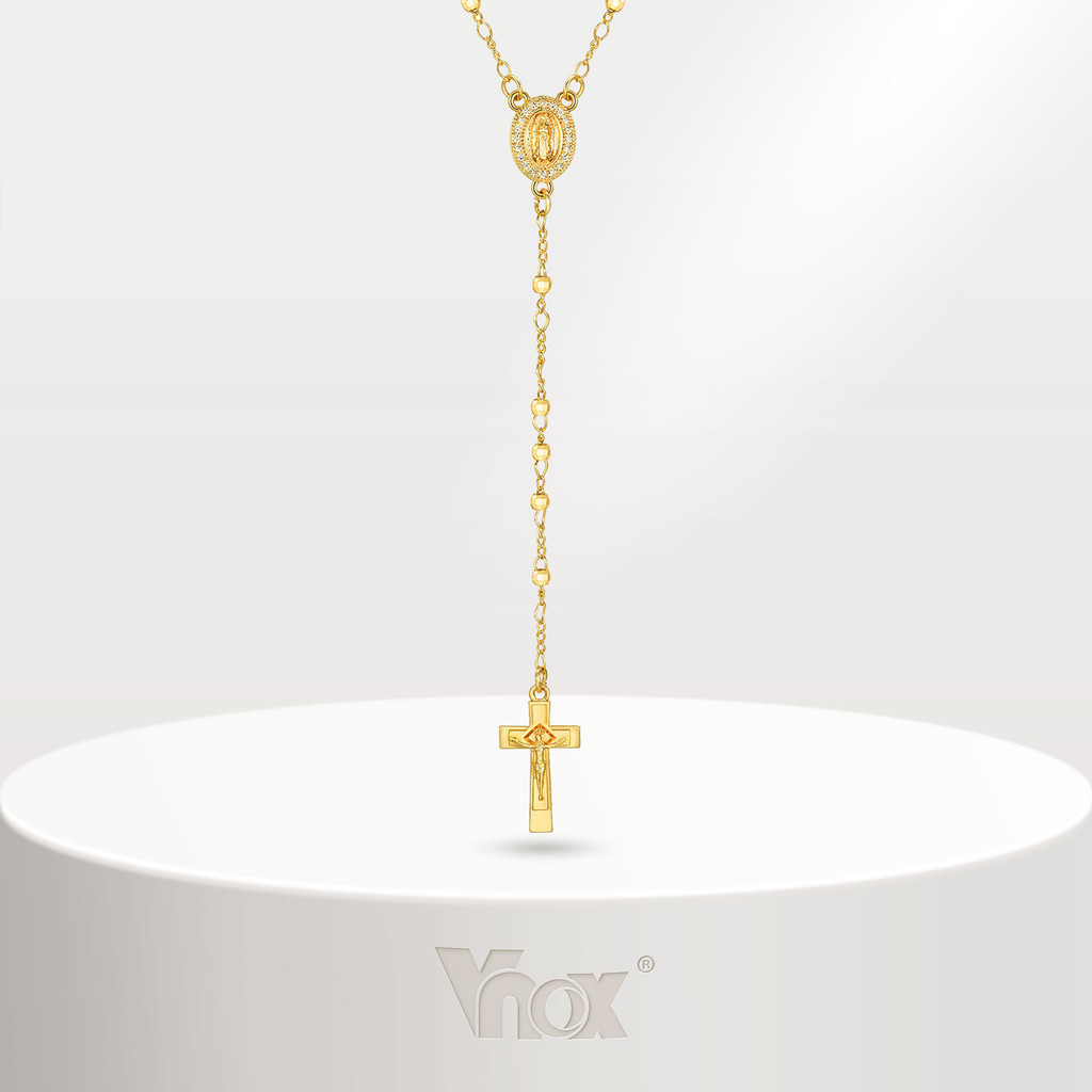 Vnox Dainty Virgin Mary Cross Colar De Contas Longas Para Mulheres Homens , 18K Ouro Fé Reza Jóias Acessórios