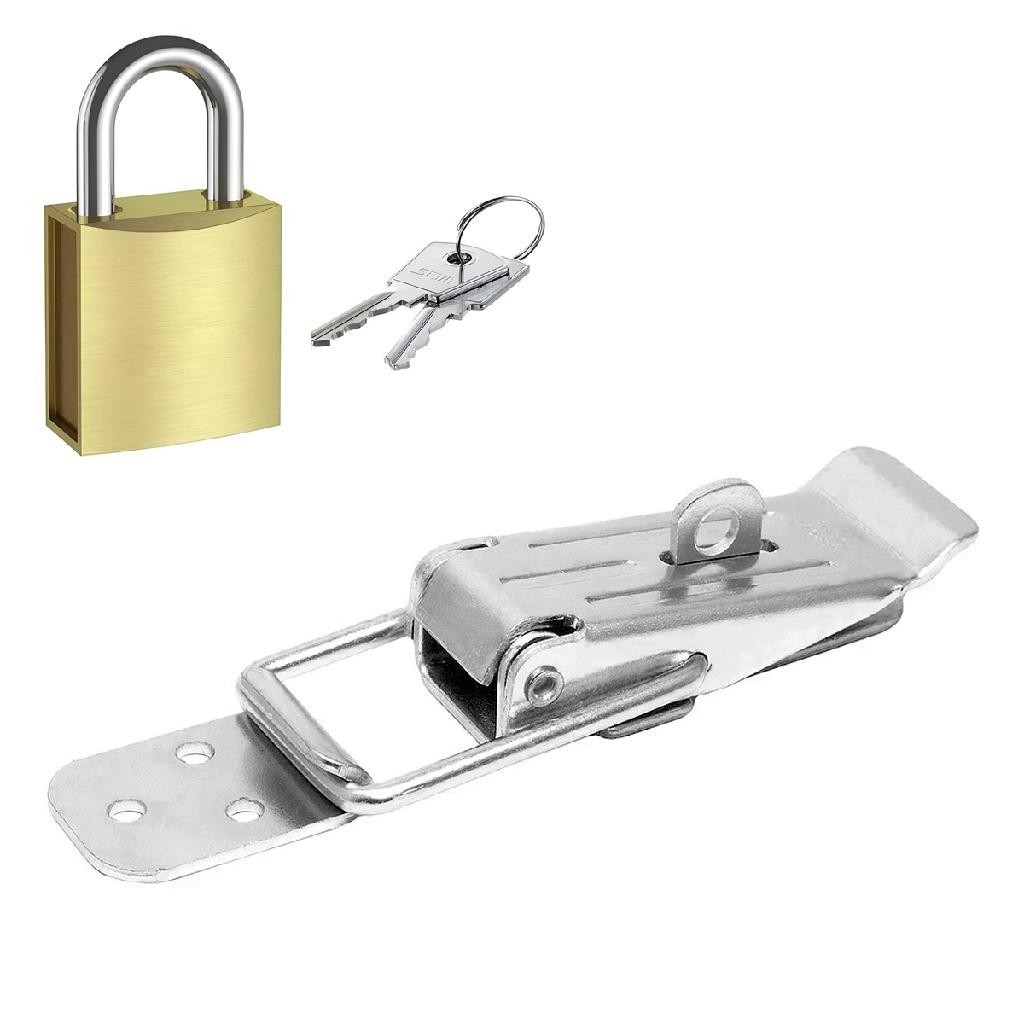 Kit Cadeado + Fecho Engate Rápido Pressão 14cm Baú Fd3 Inox