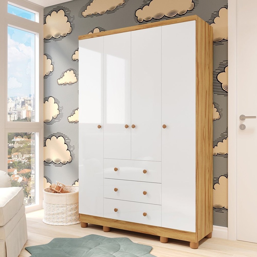Guarda-roupa de Bebê 4 Portas e 3 Gavetas 100% Mdf Mimo Branco Brilho/Amêndoa - Home & Living