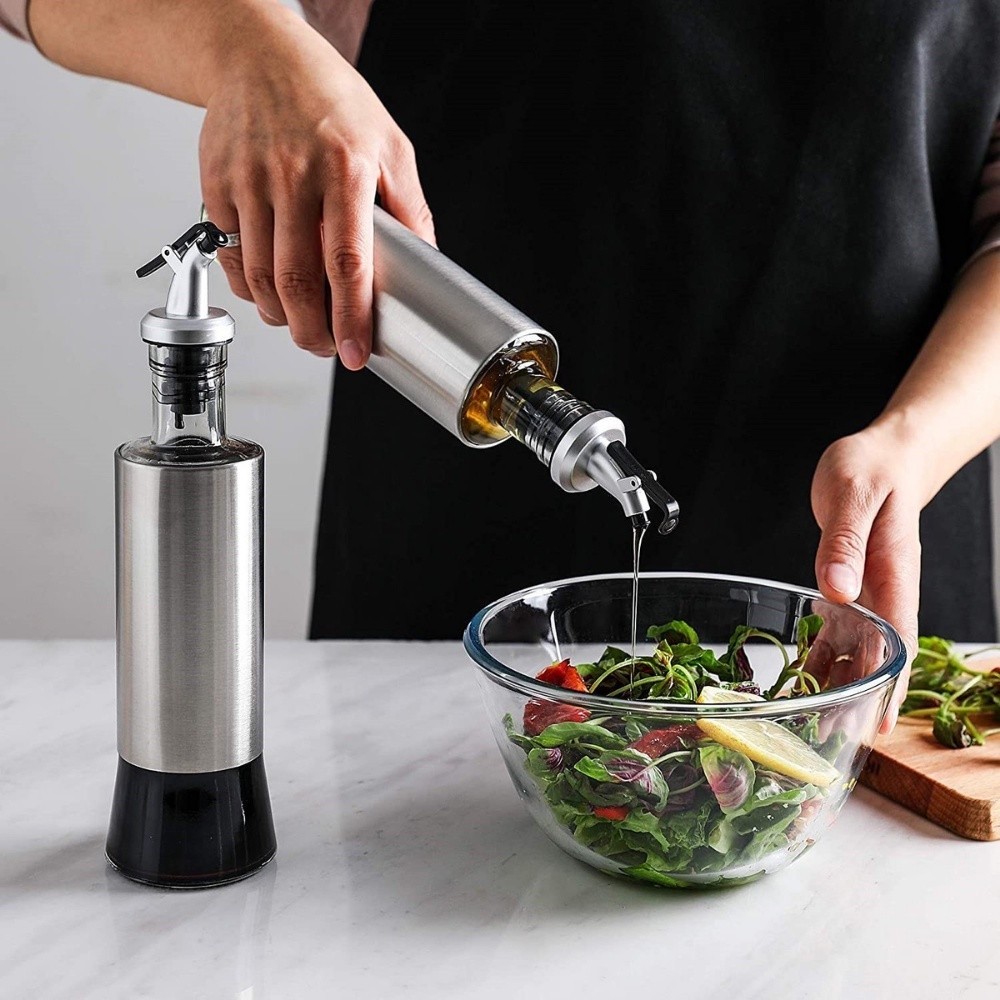Porta Azeite e Vinagre Vidro Galheteiro Inox Bico Dosador 300ml Pimenta Oleo Cozinha Multiuso