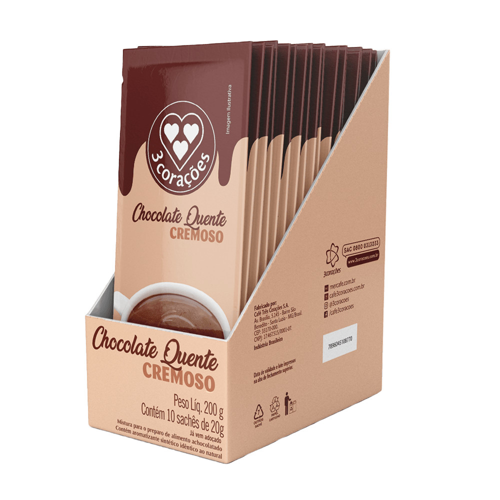 Chocolate Quente Cremoso em Sache 3 Corações 20g - 10 Und - Basta Adicionar Água