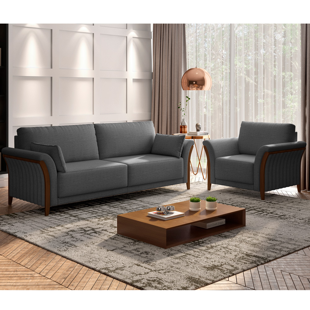 Kit Sofá 02 Lugares Sala Estar 162cm Com Poltrona Stefan Pés De Madeira M03 Linho Chumbo - Lyam Decor