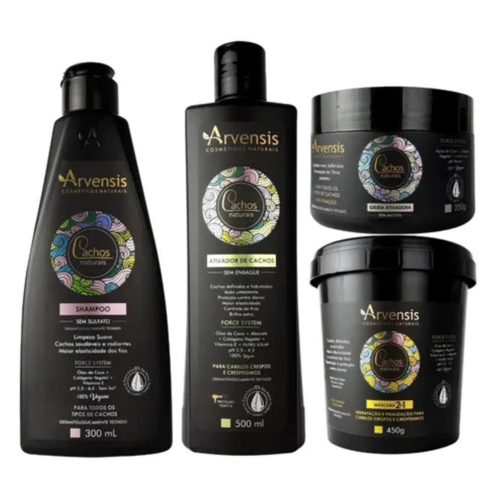 Kit Arvensis Cachos Shampoo Ativador Cachos Crespos e Crespíssimos Geleia Alta Mascara Cachos 2x1