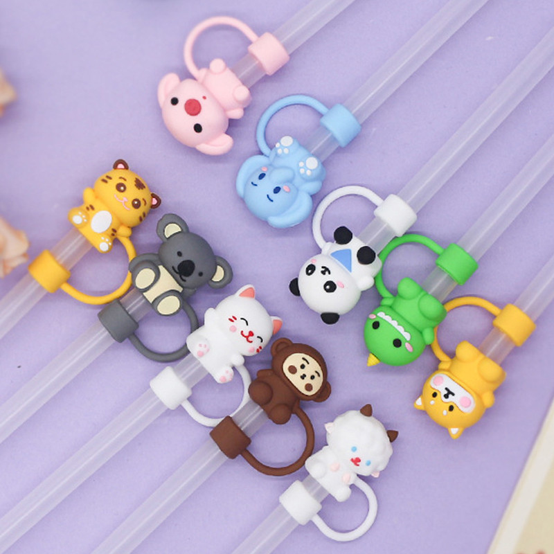 Bonitos Desenhos Animados Animais De Desenho Animado Tampa De Palha Para Tumbler 40-30 Oz Acessórios , Tampas De Silicone Macias De 10mm , Dicas Reutilizáveis À Prova De Poeira