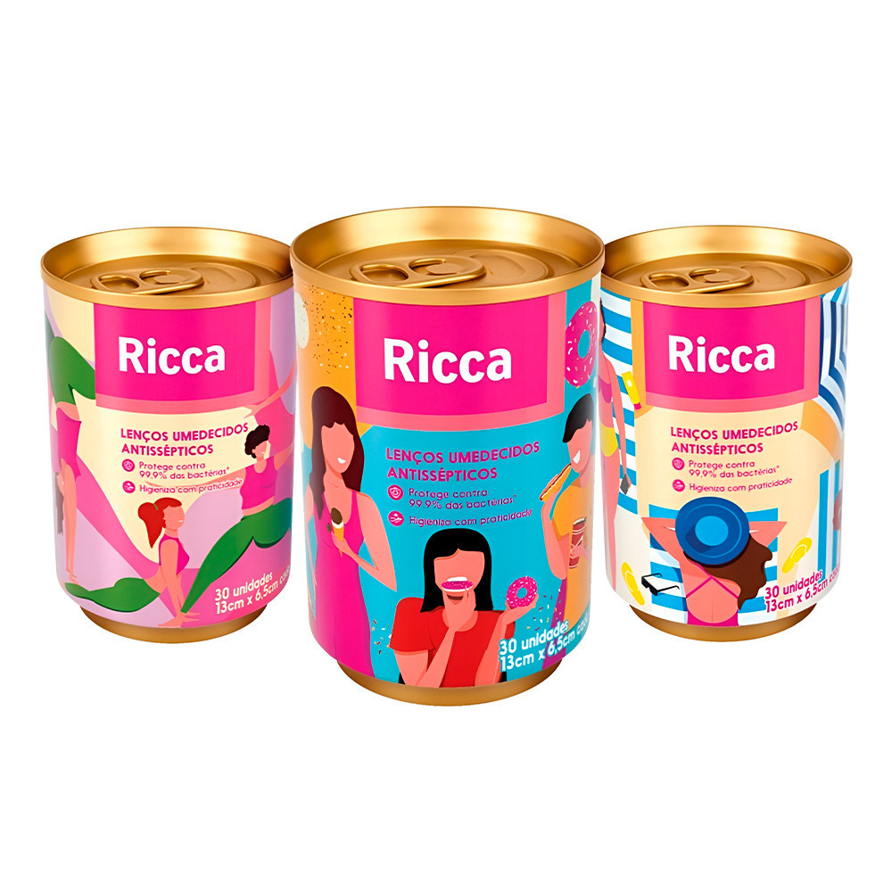 Kit 3 Latinhas Lenços Umedecidos Antisséptico 90 Unidades Ricca Portátil Limpeza Higiene Mãos