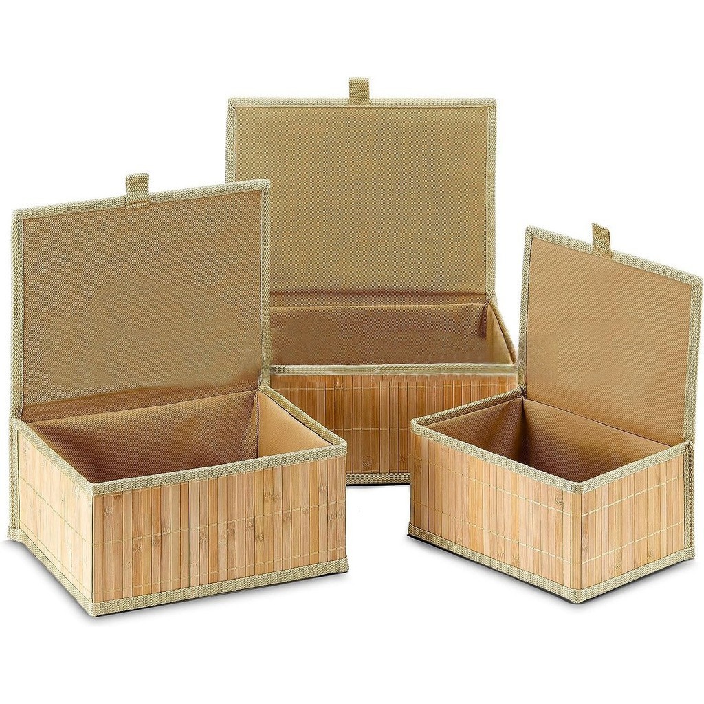 Kit 3 Cestos Organizadores de Bambu Multiuso com Forro