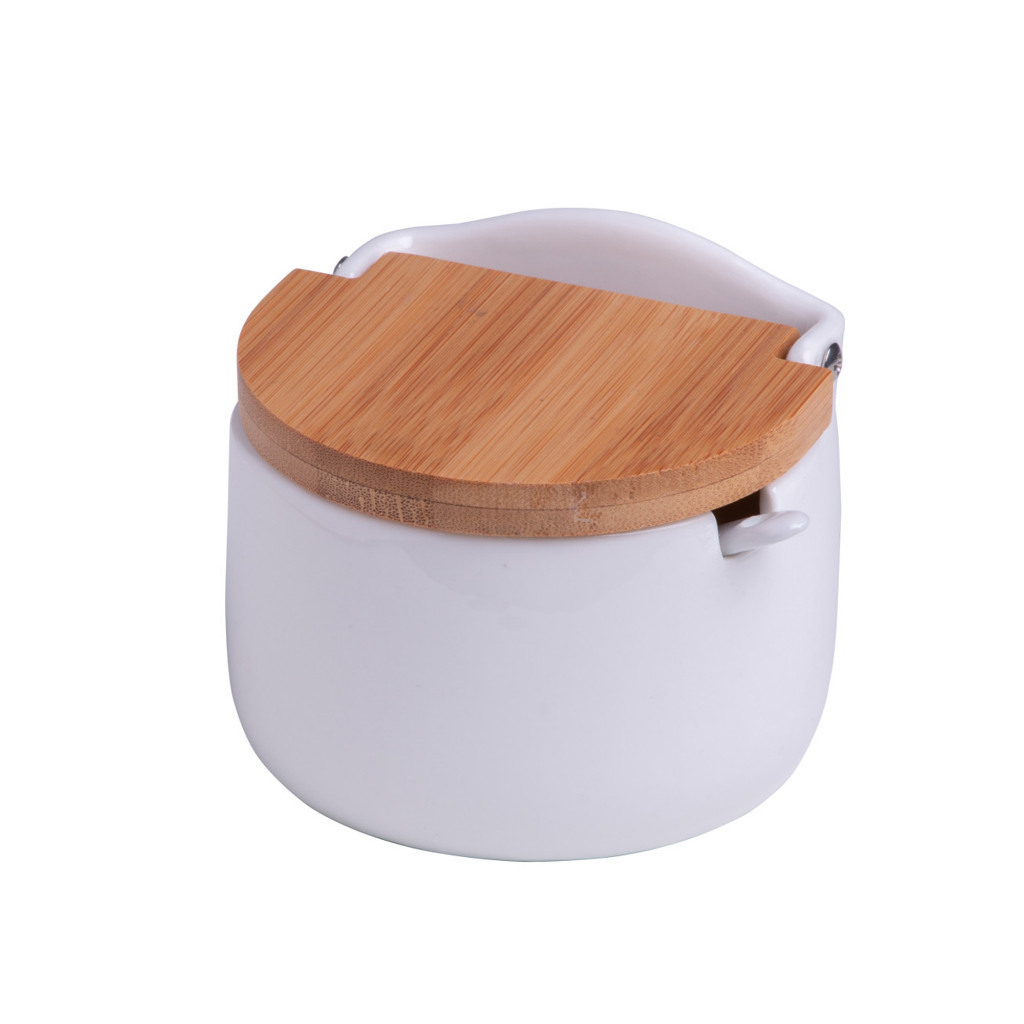 Saleiro de Mesa Médio Redondo de Cerâmica com Tampa de Bambu e Colher Bianco 10x9,5x9,5cm Lyor