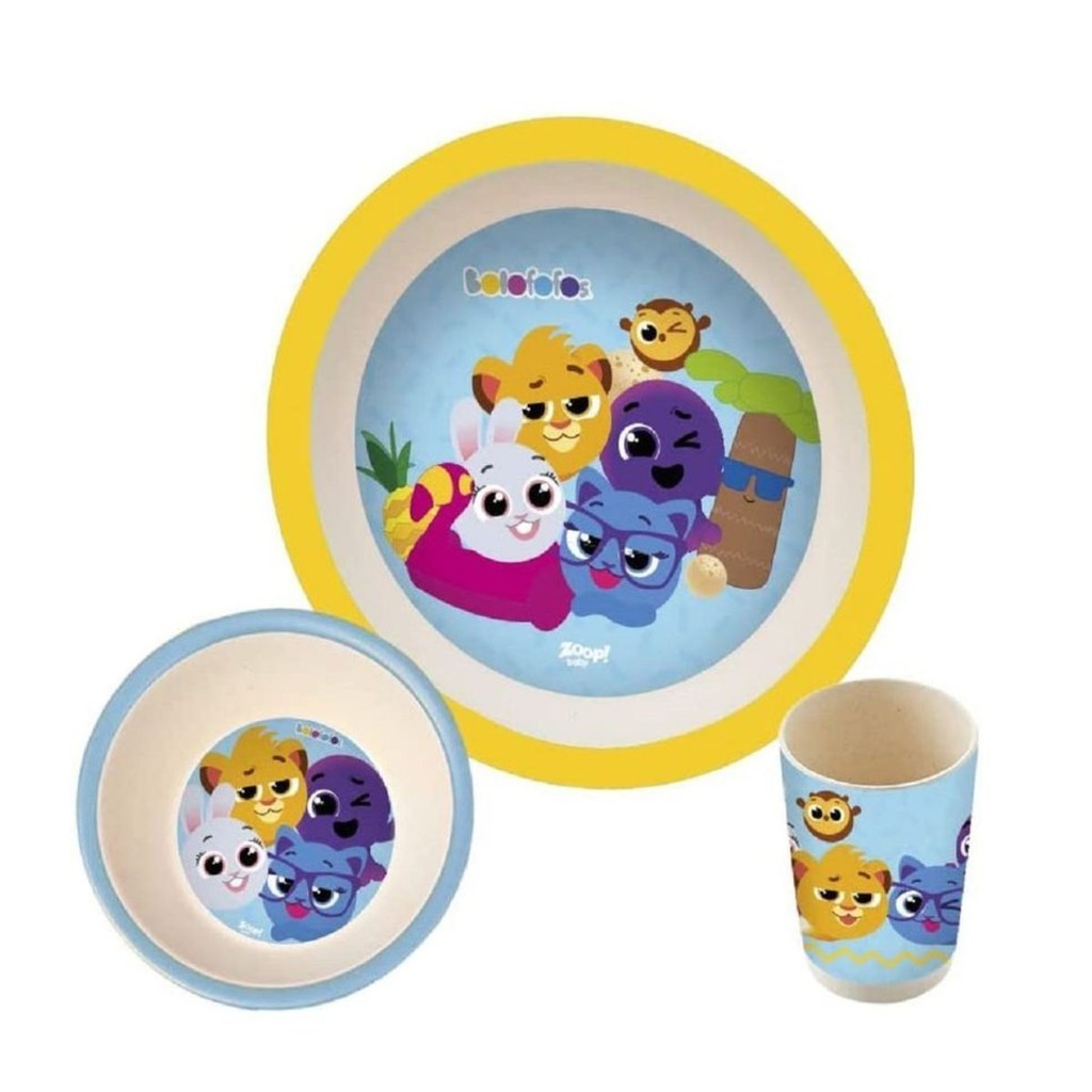 Kit Refeição Turma Bolofofos 3 Peças Hora do Papá Zoop Prato Copo e Talheres Infantil Seguro Colorido Divertido