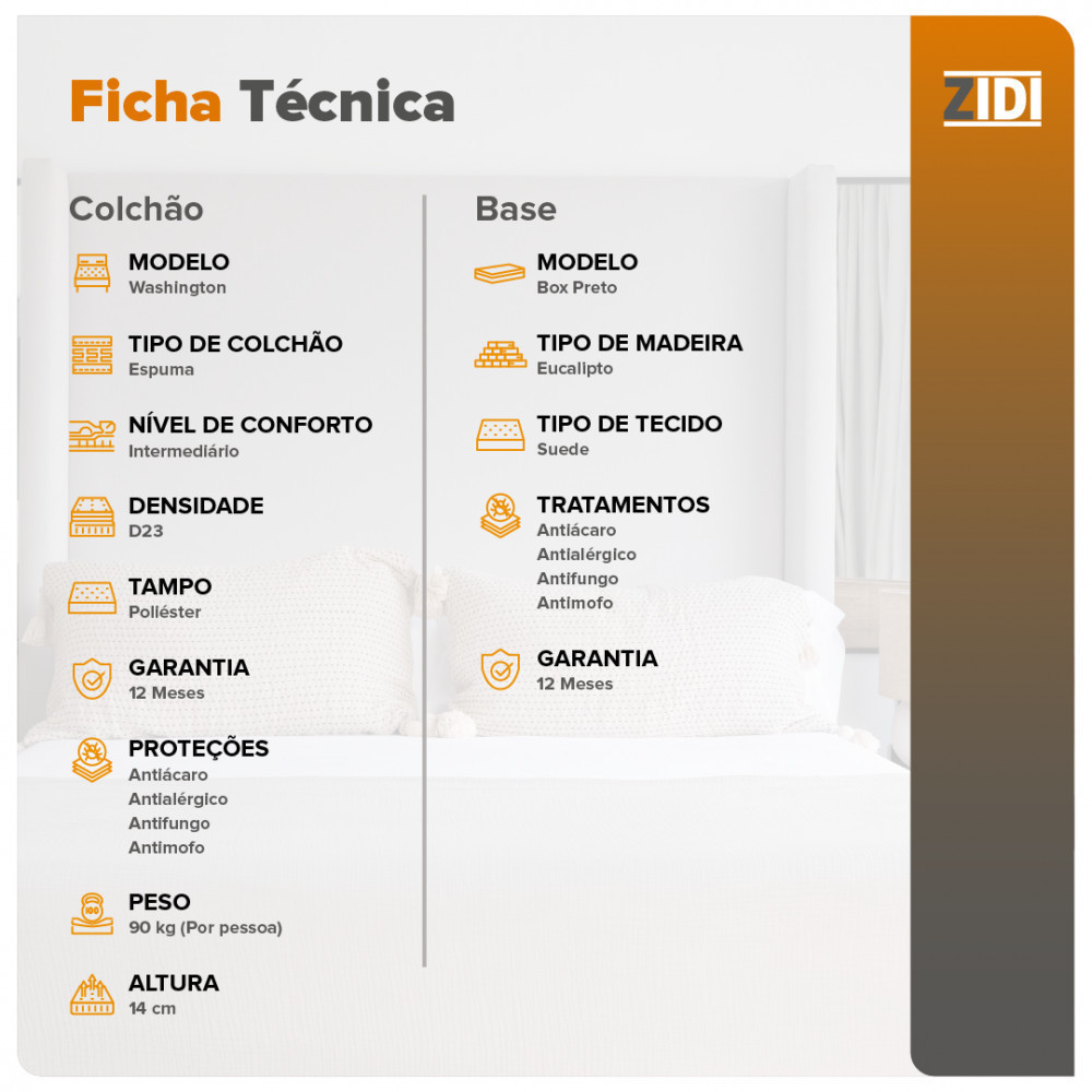 Detalhes do Cama Box Viúva Preta + Colchão Washington Espuma D23 Liso 128x188x51cm