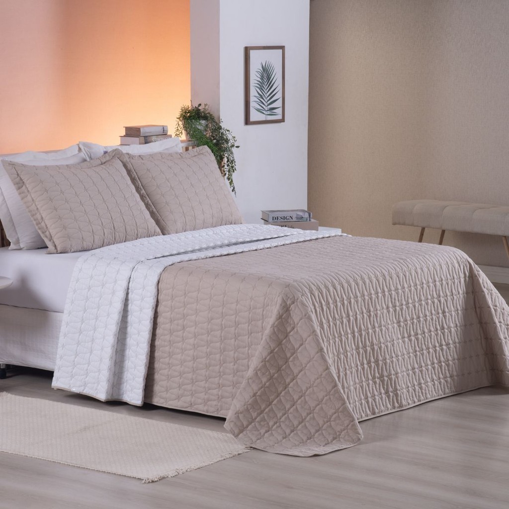 Kit Cobre leito Colcha Super King 3 Peças Bordado Dupla Face Percal 200 Fios Cristal