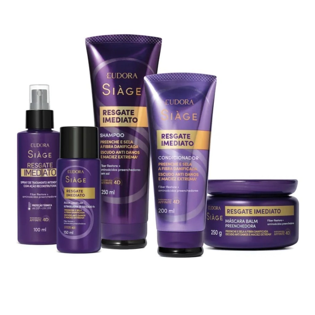 Kit Completo Eudora Siàge Resgate Imediato Shampoo+Condicionador+Mascara+Agua Lamelar+Spray