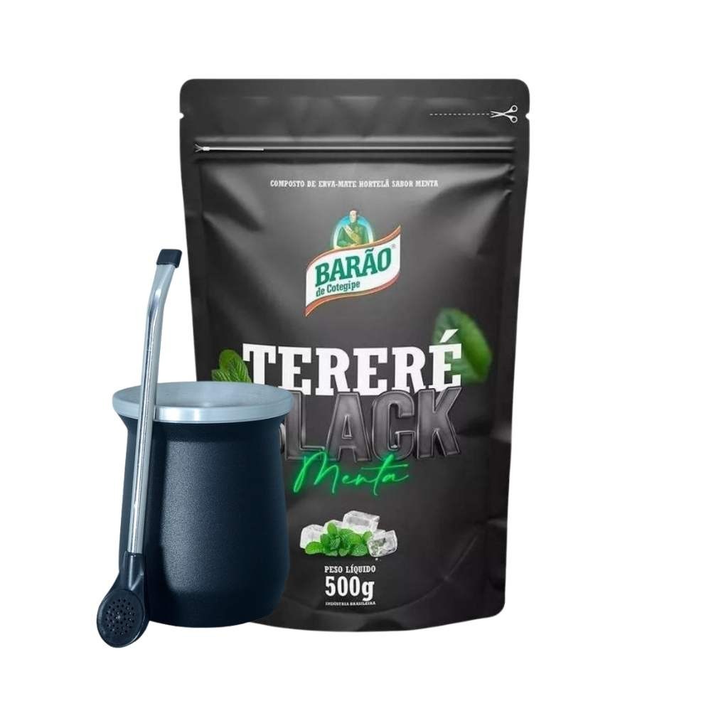 Kit 1 Erva Mate Terere Black Menta Barão 500g Cuia e Bomba